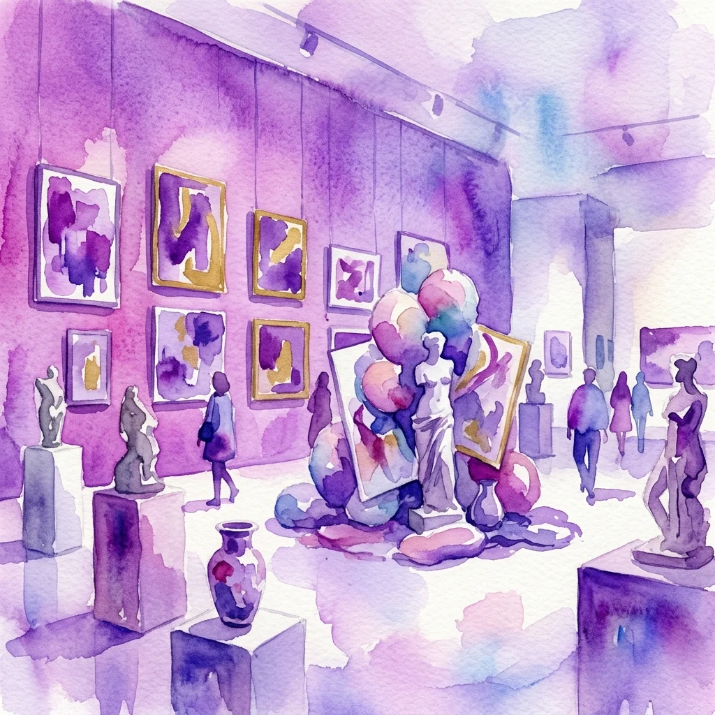 Ilustracja akwarelowa wystawy sztuki przedstawiająca obrazy Rui Macedo zintegrowane z historycznymi artefaktami w galerii muzealnej, ukazująca figlarną dezorganizację i nowe perspektywy na znane obiekty.
