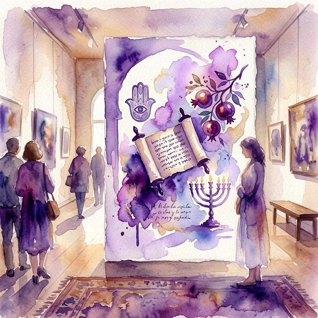 Ilustracja akwarelowa wystawy w galerii przedstawiająca dużą pracę artystyczną z symbolami sefardyjskimi: Chamsę, granaty, zwój Tory i menorę, z odwiedzającymi oglądającymi ekspozycję.