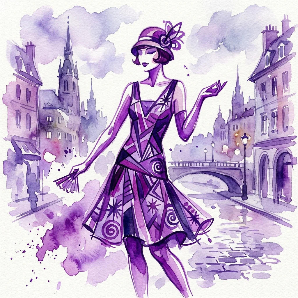 Een aquarelillustratie van een vrouw uit de jaren 20 in een jurk met geometrische patronen en een clochhoed, tegen een paars getinte Europese stadsgezicht met een brug en straatlantaarns.