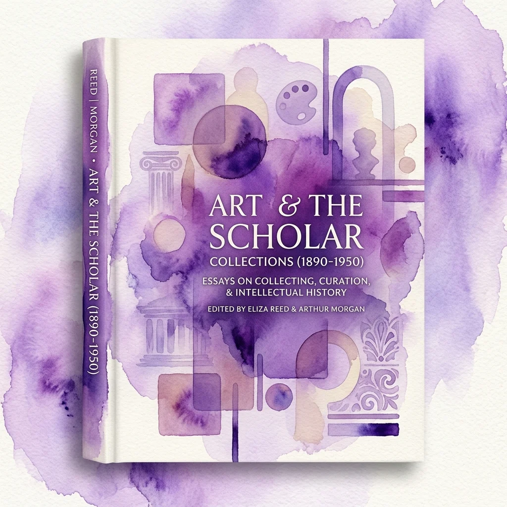 Naukowa książka zatytułowana 'Art & the Scholar: Collections (1890-1950)' z fioletową okładką akwarelową przedstawiającą abstrakcyjne kształty geometryczne i motywy klasyczne, redagowana przez Elizę Reed i Arthura Morgana.