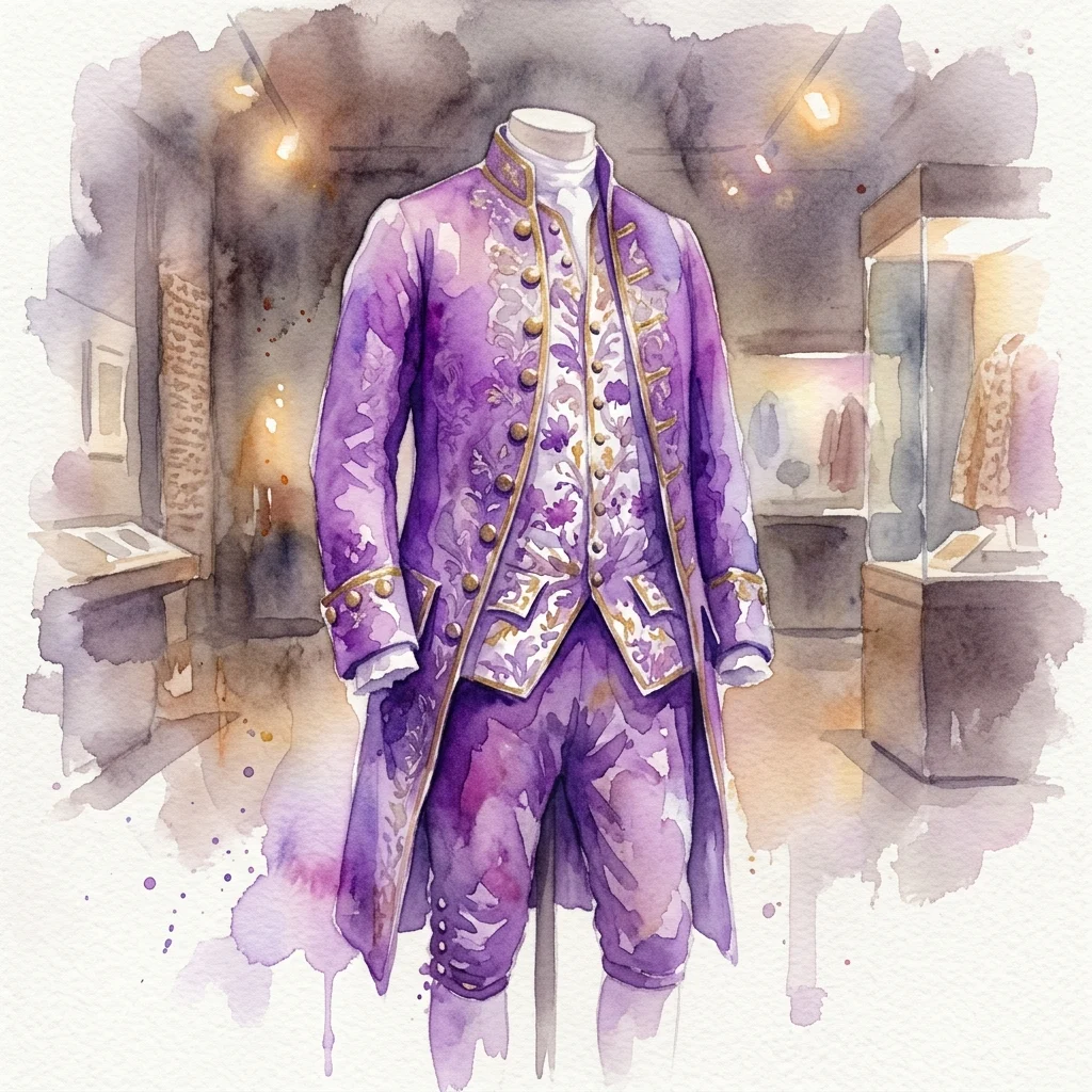 Ilustración en acuarela de un traje masculino español del siglo XVIII, con levita morada con ribetes dorados, motivos florales y calzón a juego, expuesto en una exhibición de museo.