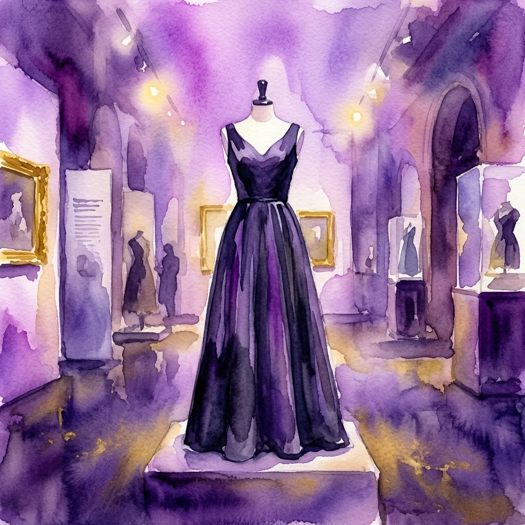 Een zwarte satijnen avondjurk, geïnspireerd op de iconische 'little black dress'-stijl, tentoongesteld op een paspop in een museumgalerij met paarse verlichting en ingelijste tentoongestelde stukken.