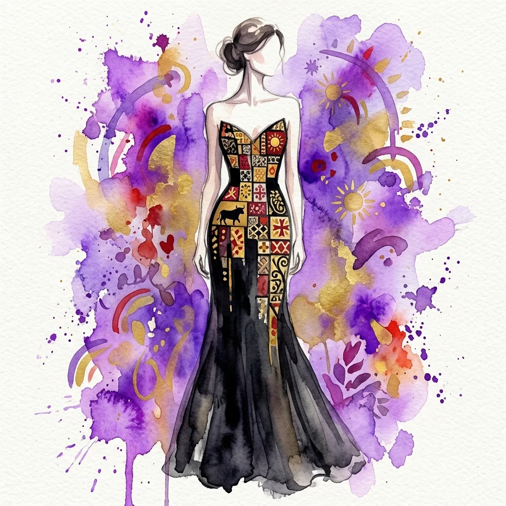 Watercolor illustration of a black silk evening gown by Sybilla, featuring a patchwork bodice with Spanish motifs like bulls, suns, and crosses, set against a vibrant purple and gold background.