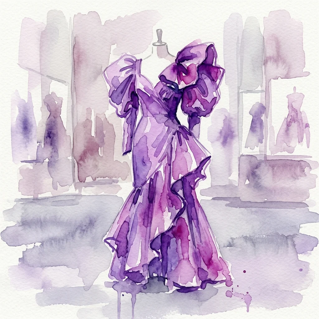 Ilustración en acuarela de un vestido Sybilla morado de 1985, con volantes dramáticos y mangas oversized, expuesto en un maniquí en un entorno de museo.