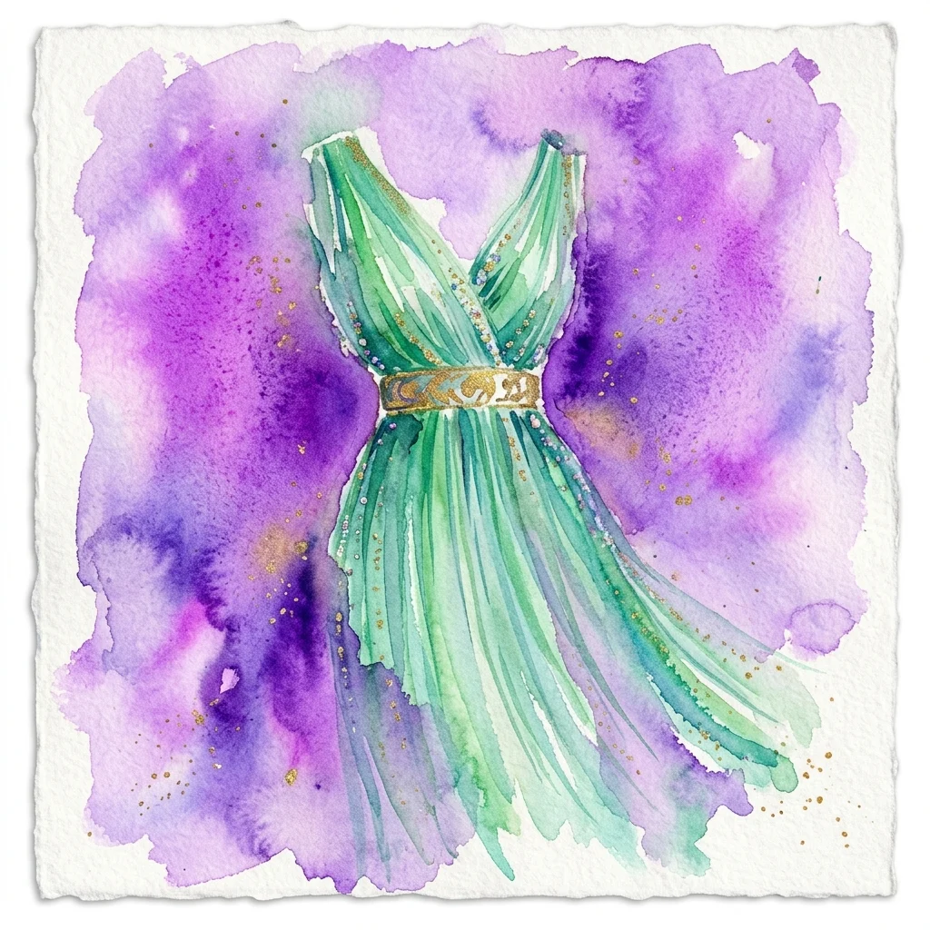 Ilustración en acuarela de un vestido plisado verde jade inspirado en los quitones de la antigua Grecia, con un cinturón dorado y adornos de pedrería de cristal, sobre un fondo de acuarela morado y rosa.