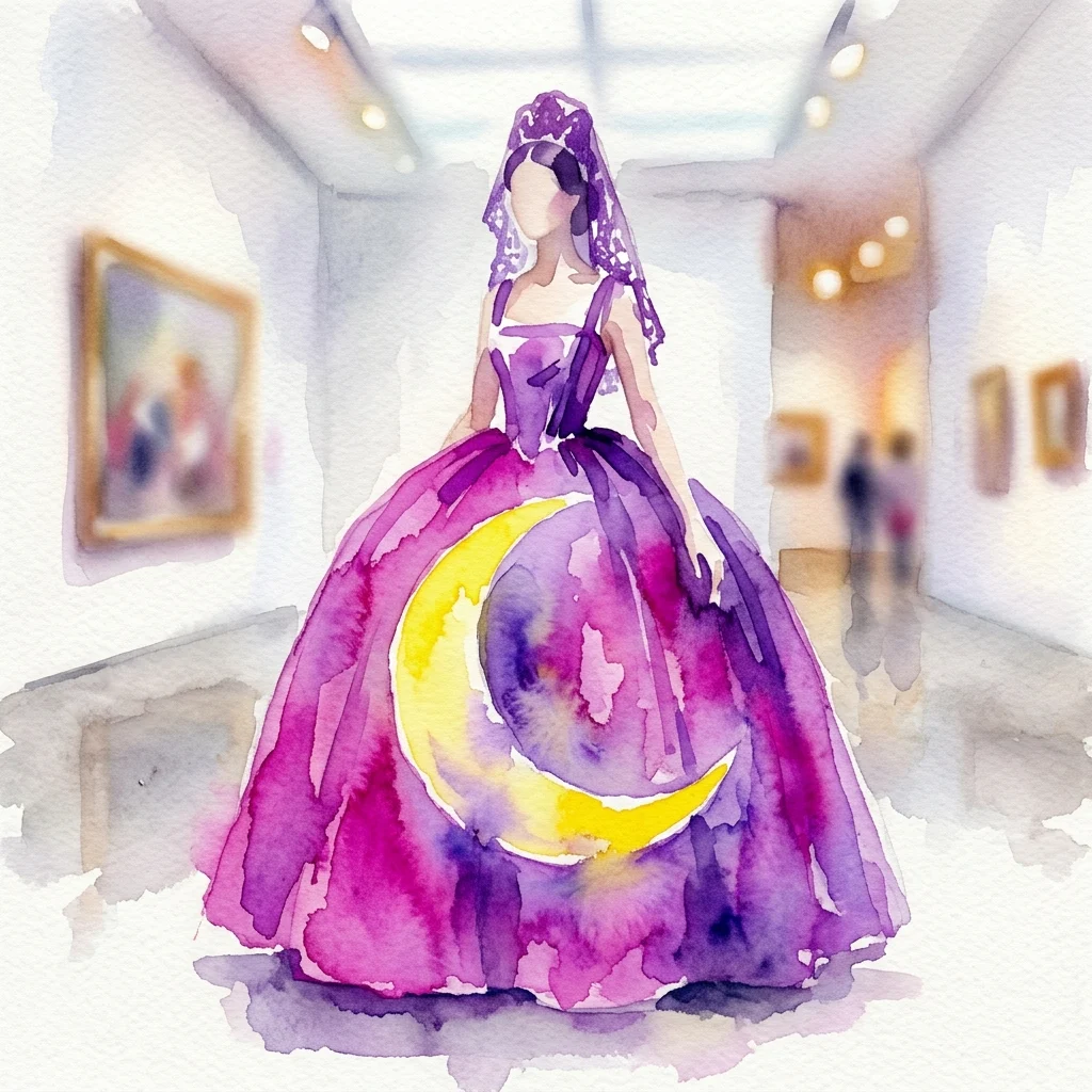 Waterverfillustratie van een paarse en gele haute couture jurk met een halvemaanmotief, tentoongesteld in een museumgalerij.