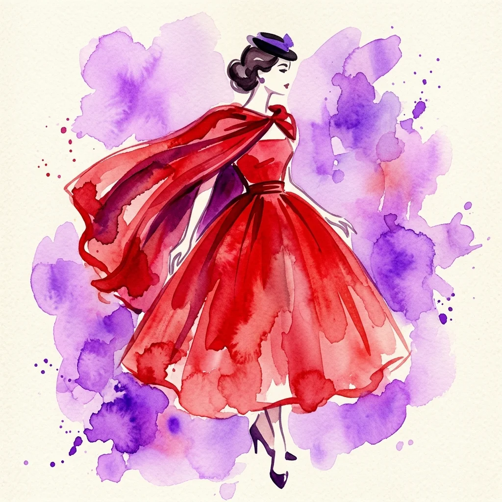 Ilustracja akwarelowa kobiety w czerwonej sukni haute couture z wcięciem w talii, pełną spódnicą i dramatycznym płaszczem, przywołująca paryską elegancję lat 50.