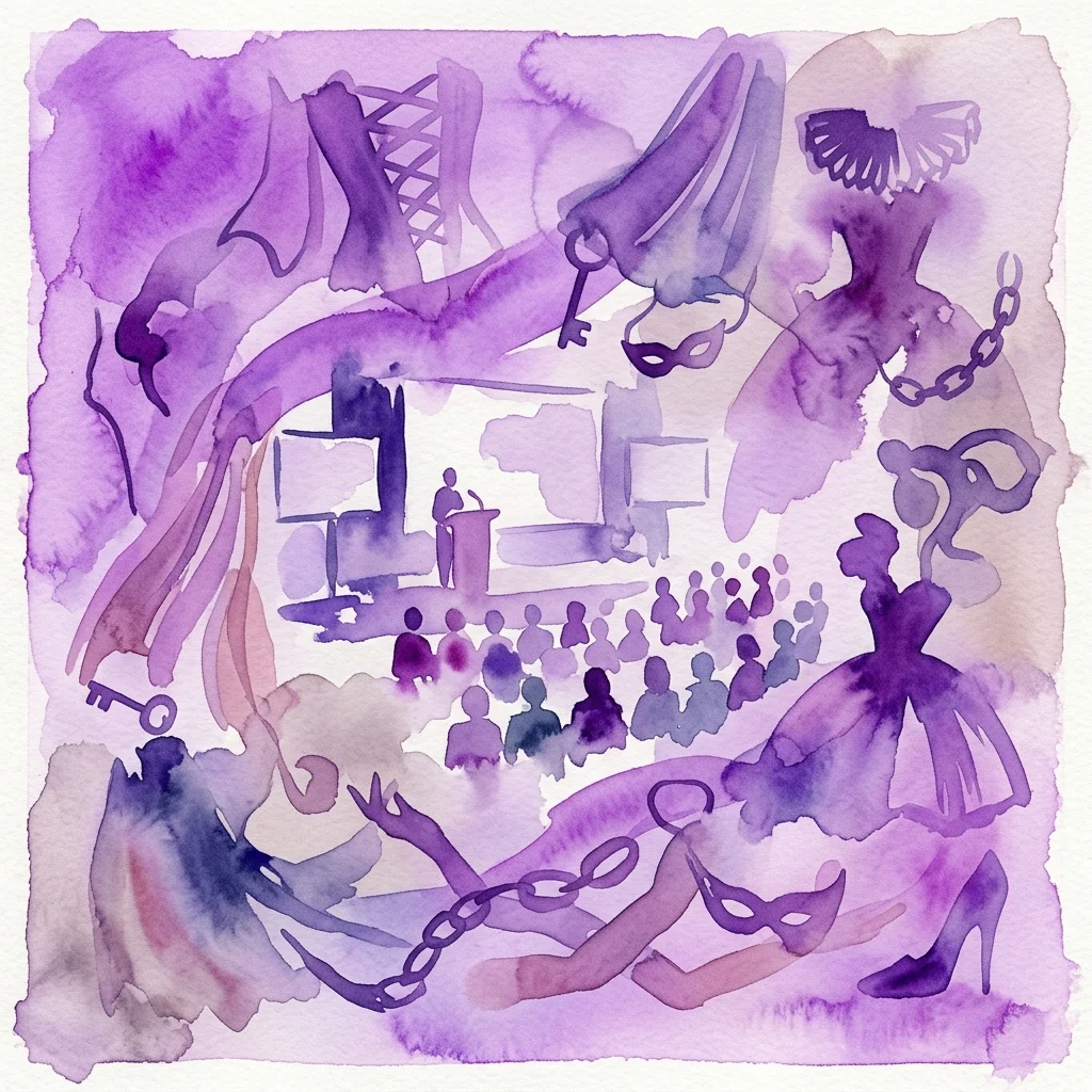 Ilustracja akwarelowa konferencji poświęconej historii mody, sztuce i projektowaniu, przedstawiająca abstrakcyjne sylwetki gorsetów, masek, łańcuchów, butów na wysokim obcasie oraz prelegenta przy podium z publicznością, wszystko w fioletowych barwach.
