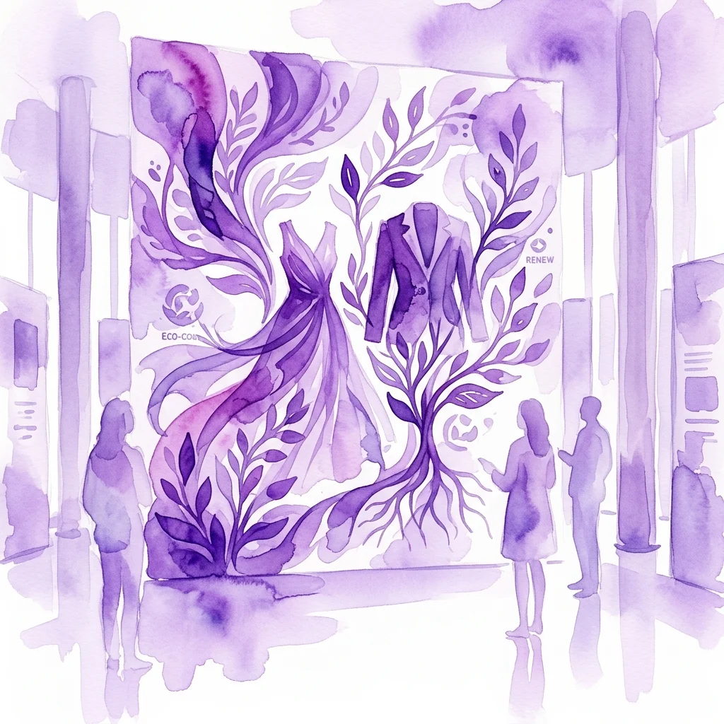 Fioletowa ilustracja akwarelowa wystawy poświęconej zrównoważonej modzie, przedstawiająca sukienkę i garnitur zintegrowane z korzeniami i liśćmi roślin, z odwiedzającymi obserwującymi ekspozycję.