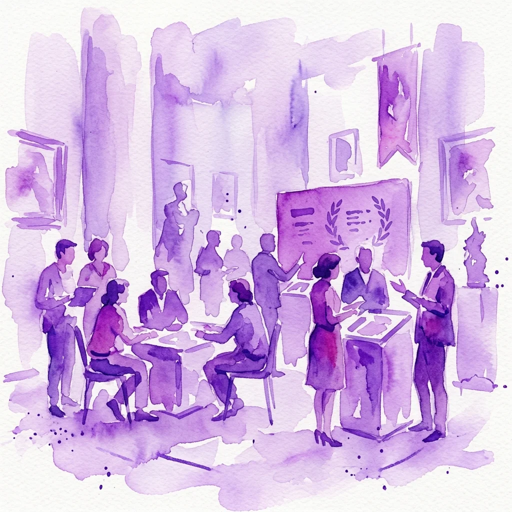 Ilustracja akwarelowa przedstawiająca uczonych i uczestników dyskutujących podczas VIII Encuentro con los Clásicos, konferencji poświęconej literaturze i teatrowi klasycznemu, która odbyła się w Museo Nacional de Arte Romano.
