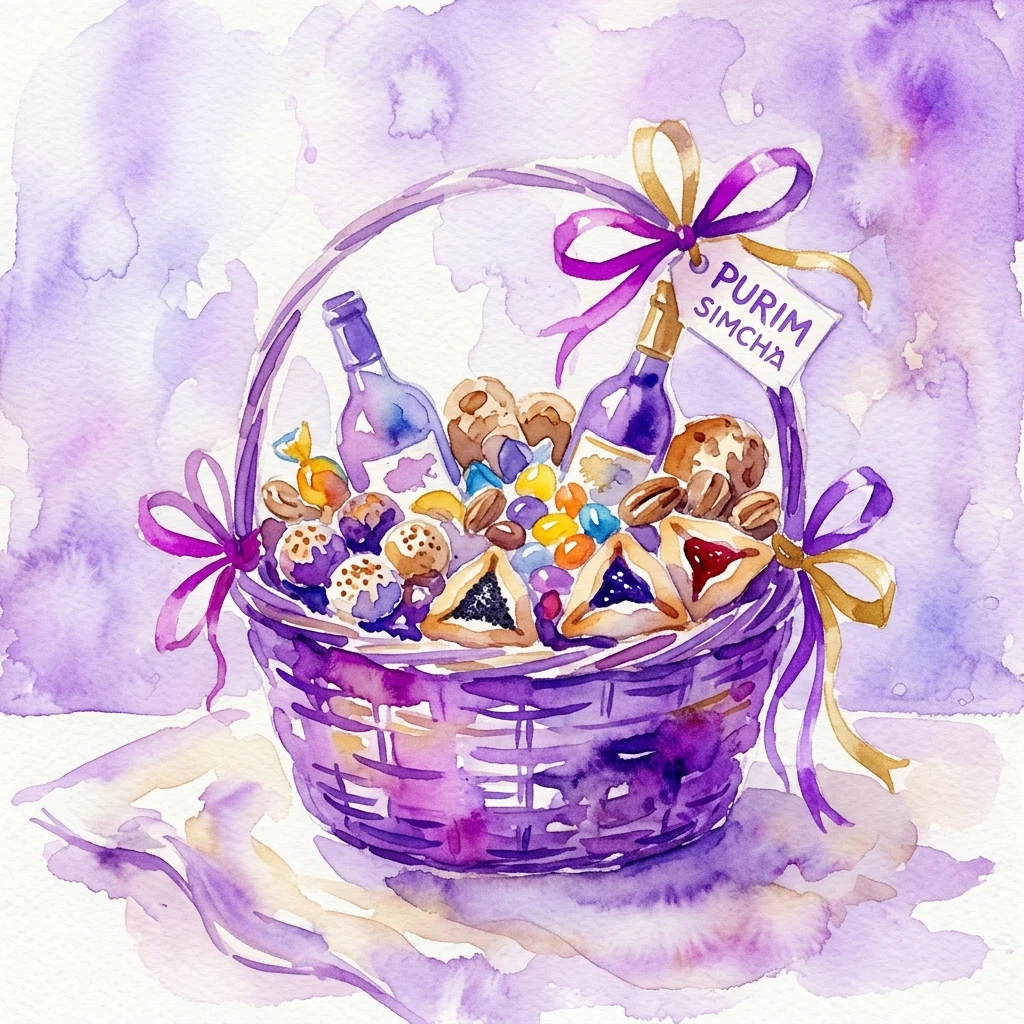 A watercolor illustration of a purple woven basket filled with Purim treats including hamantaschen, candies, and small bottles, tied with purple and gold ribbons and a tag reading 'PURIM SIMCHA' against a purple watercolor background.