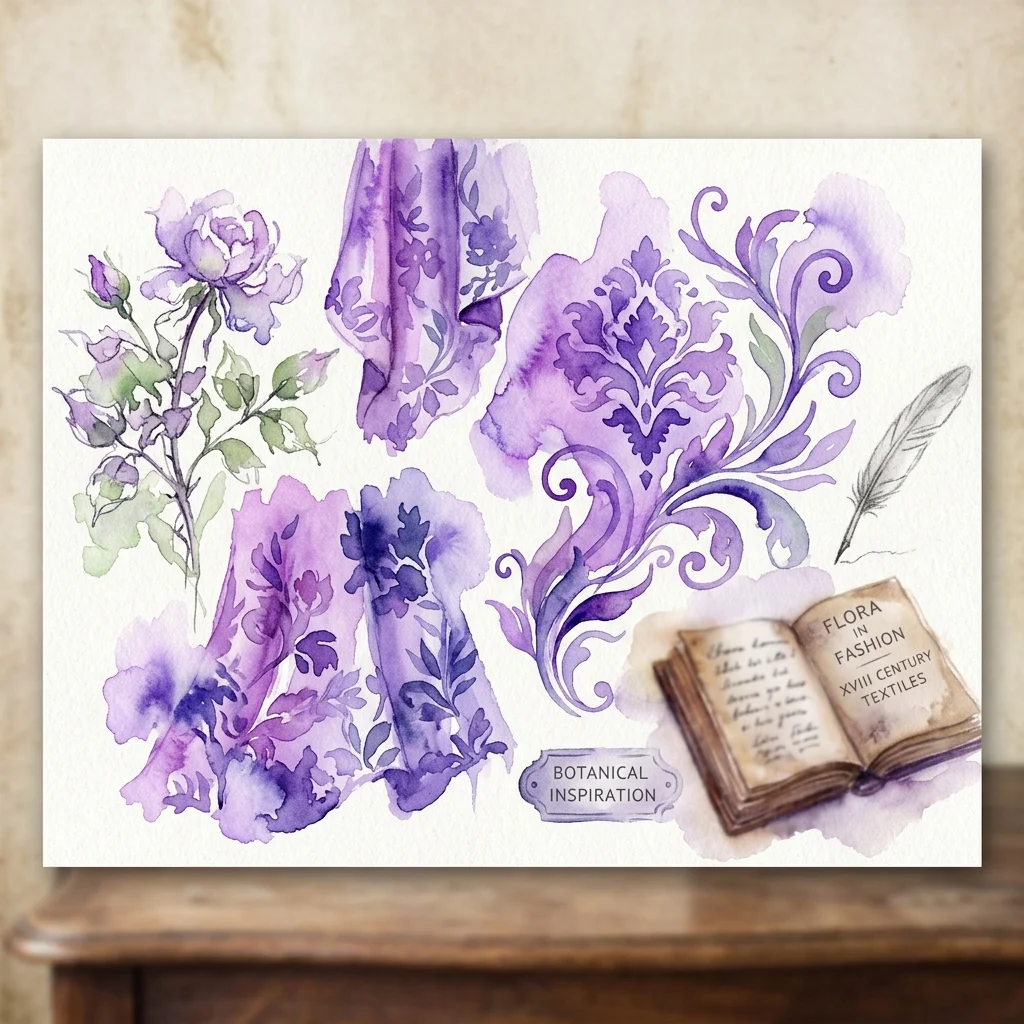 Ilustracja akwarelowa przedstawiająca fioletowe wzory botaniczne, próbki tkanin i otwartą księgę zatytułowaną 'Flora in Fashion: XVIII Century Textiles', podkreślająca związek między naturą a projektowaniem tekstyliów.