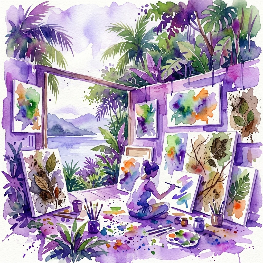 Un estudio de artista en un entorno de selva tropical con lienzos sin estirar que presentan elementos naturales como hojas y tierra, rodeado de exuberante vegetación y vistas al lago.