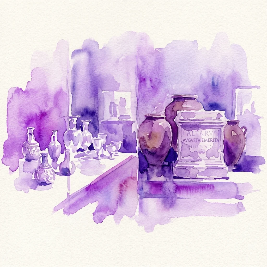Watercolor illustration of ancient Roman artifacts including glass ampullae, ceramic dolia, and an altar inscribed 'ALTARV AVGVSTA EMERITA' displayed in a museum setting.