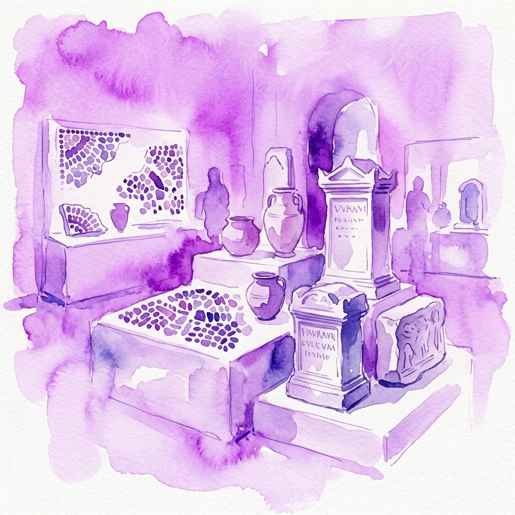 Una ilustración en acuarela de artefactos romanos, incluyendo fragmentos de mosaico, cerámica y monumentos funerarios, expuestos en una galería de museo con iluminación púrpura.