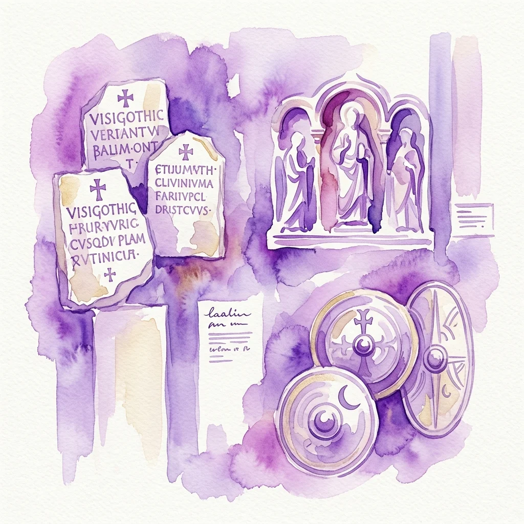 Ilustracja akwarelowa zabytków wizygockich, w tym kamieni z inskrypcjami w języku łacińskim, rzeźb liturgicznych i tarcz, reprezentująca cykl konferencji „Vivir en Roma VIII” w Narodowym Muzeum Sztuki Rzymskiej.