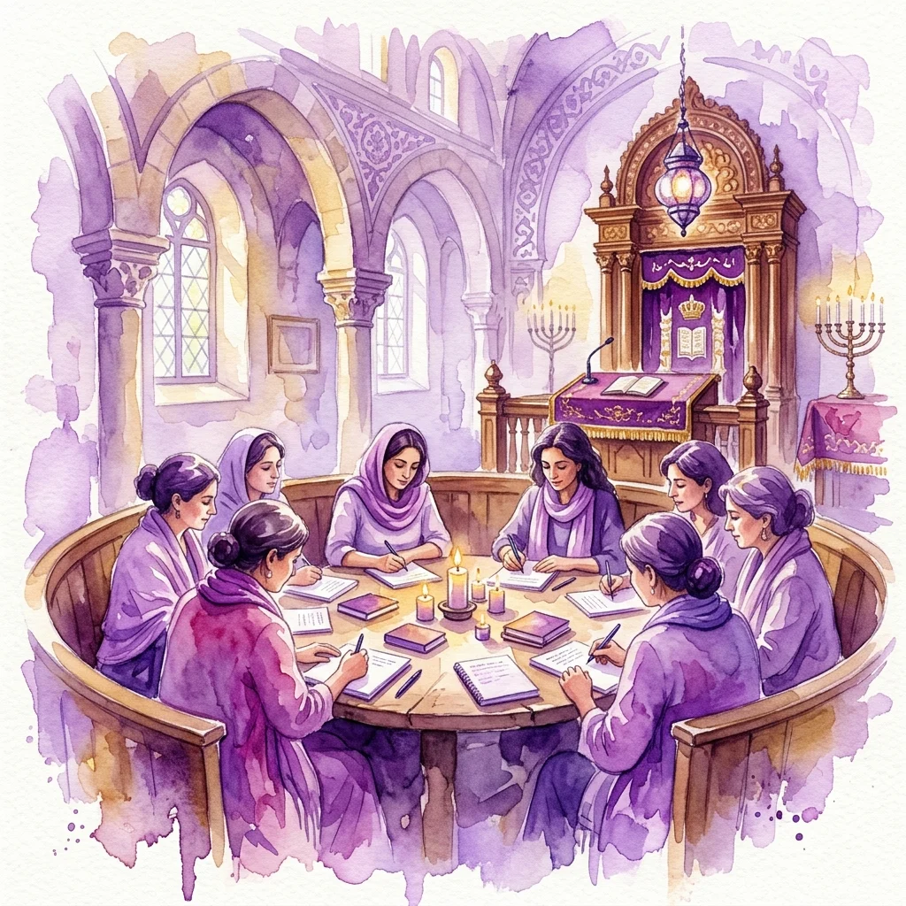 Kobiety w purpurowych szatach piszące przy okrągłym stole w zabytkowej synagodze, uczestniczące w warsztatach kreatywnego pisania poświęconych głosom sefardyjskich kobiet.