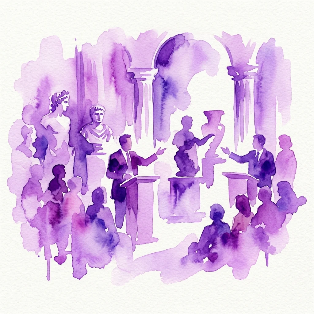 Fioletowa akwarelowa ilustracja akademickiej konferencji z prelegentami przy podium, członkami publiczności i klasycznymi posągami, reprezentująca wydarzenie akademickie X Encuentro con los Clásicos.