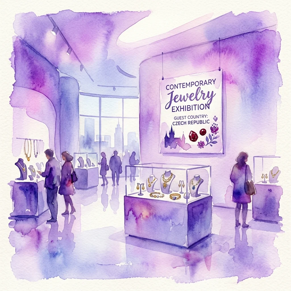 Watercolor illustration of a contemporary jewelry exhibition featuring gold and gemstone pieces in display cases, with a sign highlighting the Czech Republic as the guest country.