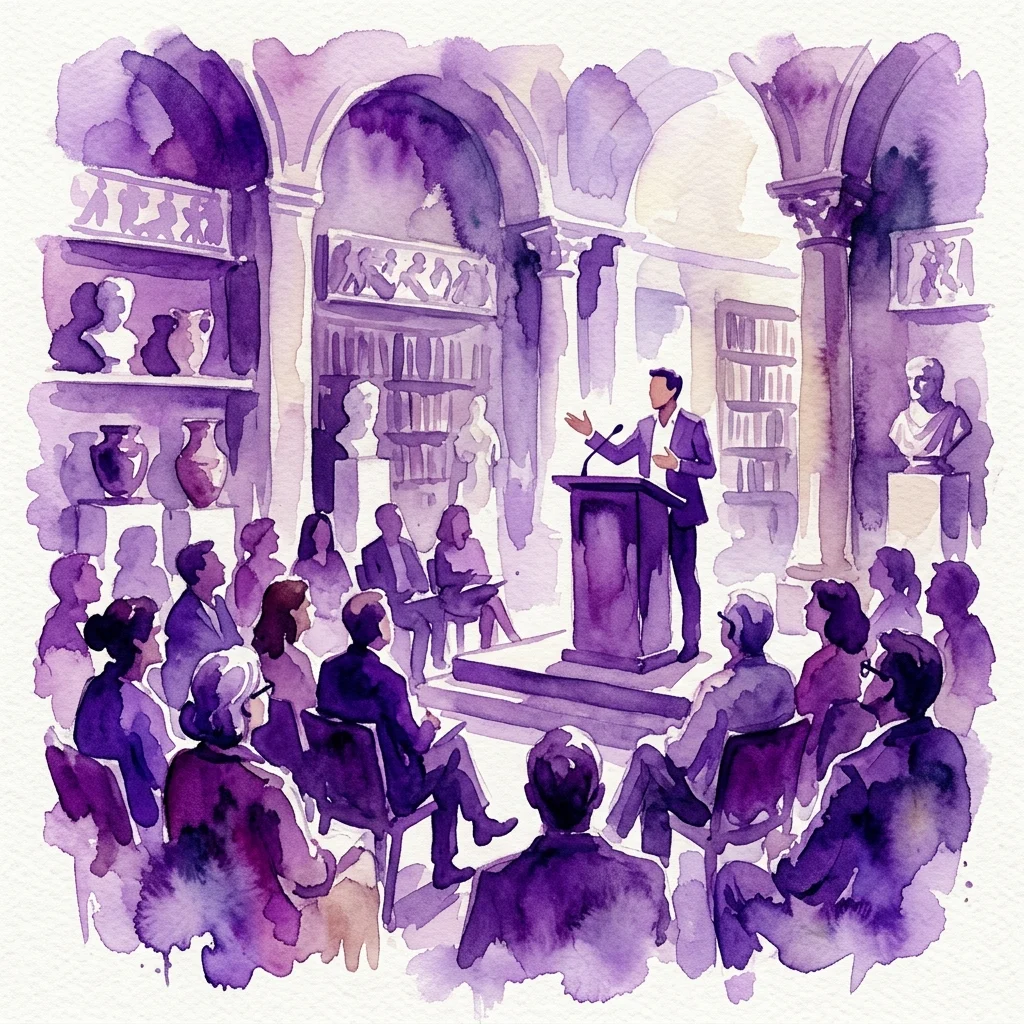 A watercolor illustration of a speaker presenting at a podium in a museum lecture hall, with an audience seated and Roman artifacts displayed on shelves in the background.