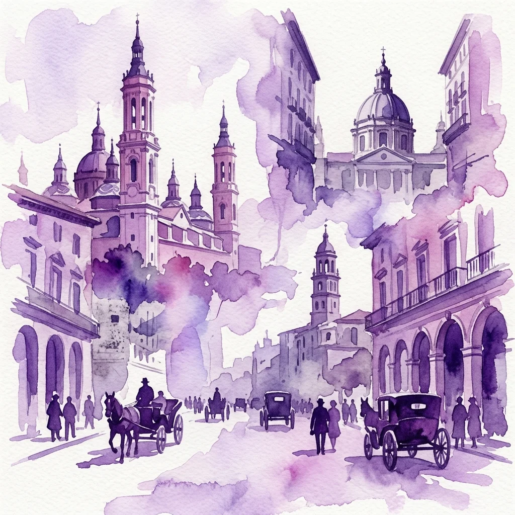 Ilustracja akwarelowa ulic Saragossy z 1930 roku, przedstawiająca zabytkową architekturę, dorożki konne i przechodniów, oddająca atmosferę miejskiego życia miasta w tamtym okresie.
