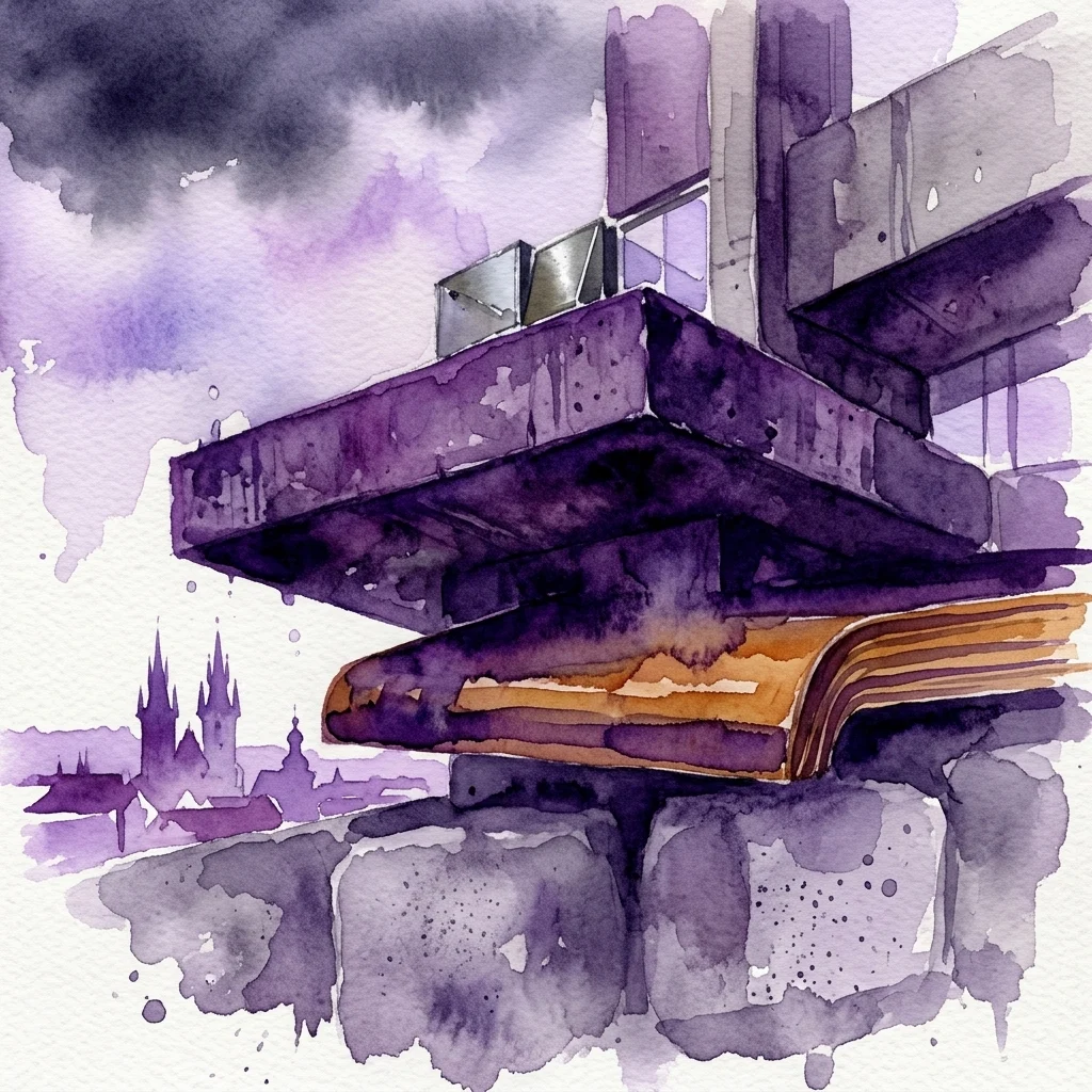 Ilustración en acuarela de un edificio brutalista en Praga con hormigón expuesto y formas geométricas, sobre un cielo púrpura melancólico con agujas distantes de la ciudad.