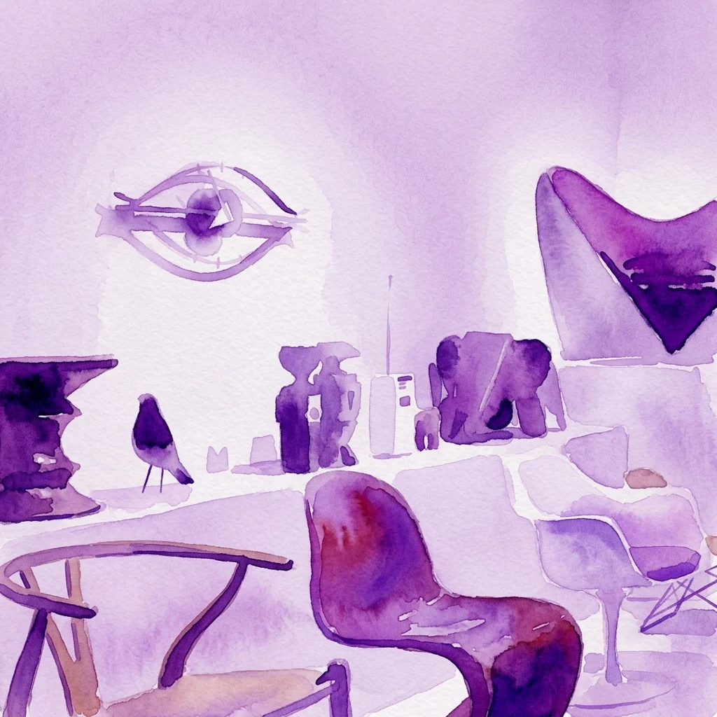 Una ilustración en acuarela púrpura de una exposición de diseño moderno con piezas de mobiliario icónicas, incluyendo sillas y una escultura de pájaro, con un motivo de ojo en la pared.