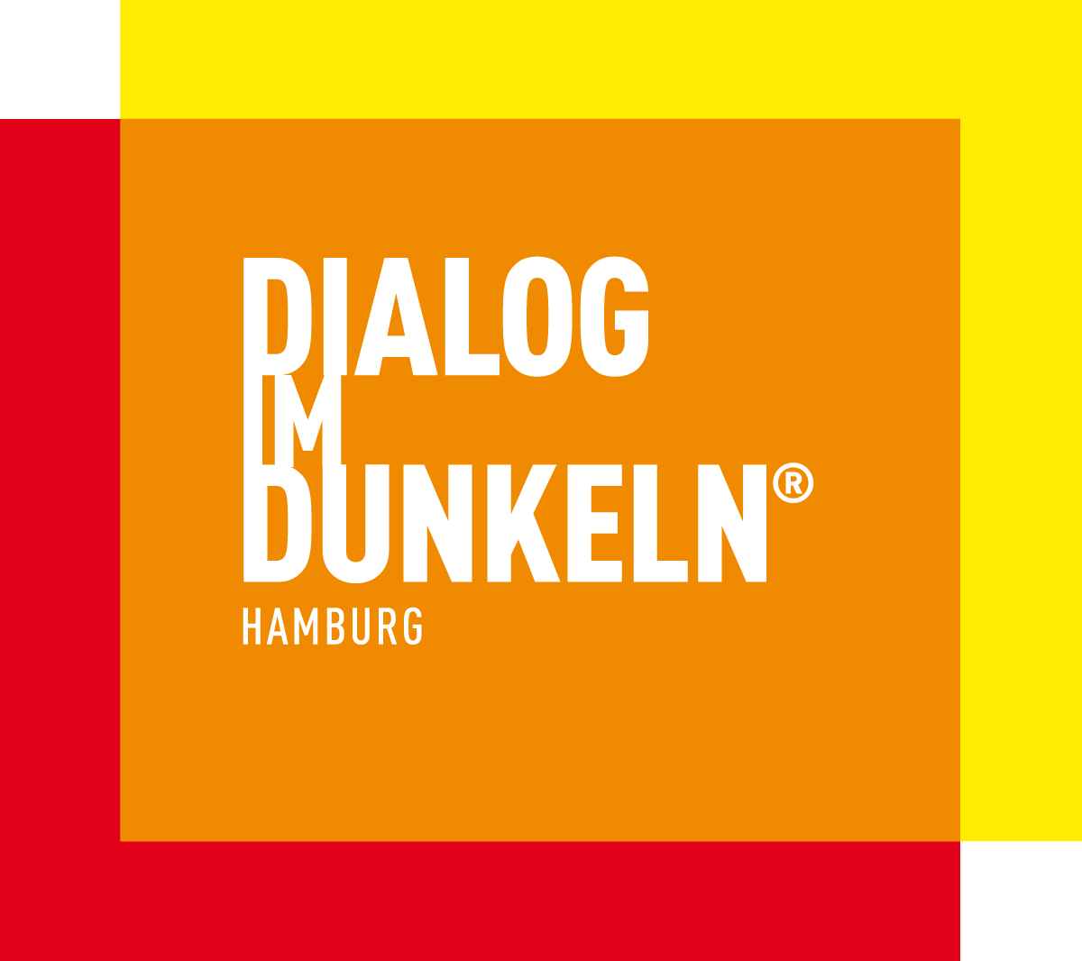 Texto blanco 'DIALOG IM DUNKELN® HAMBURG' sobre un cuadrado naranja con bloques de fondo rojos y amarillos