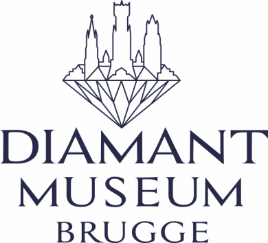 Logotipo del Diamond Museum Bruges que presenta una forma de diamante con la silueta del perfil urbano sobre el texto 'DIAMANT MUSEUM BRUGGE'.