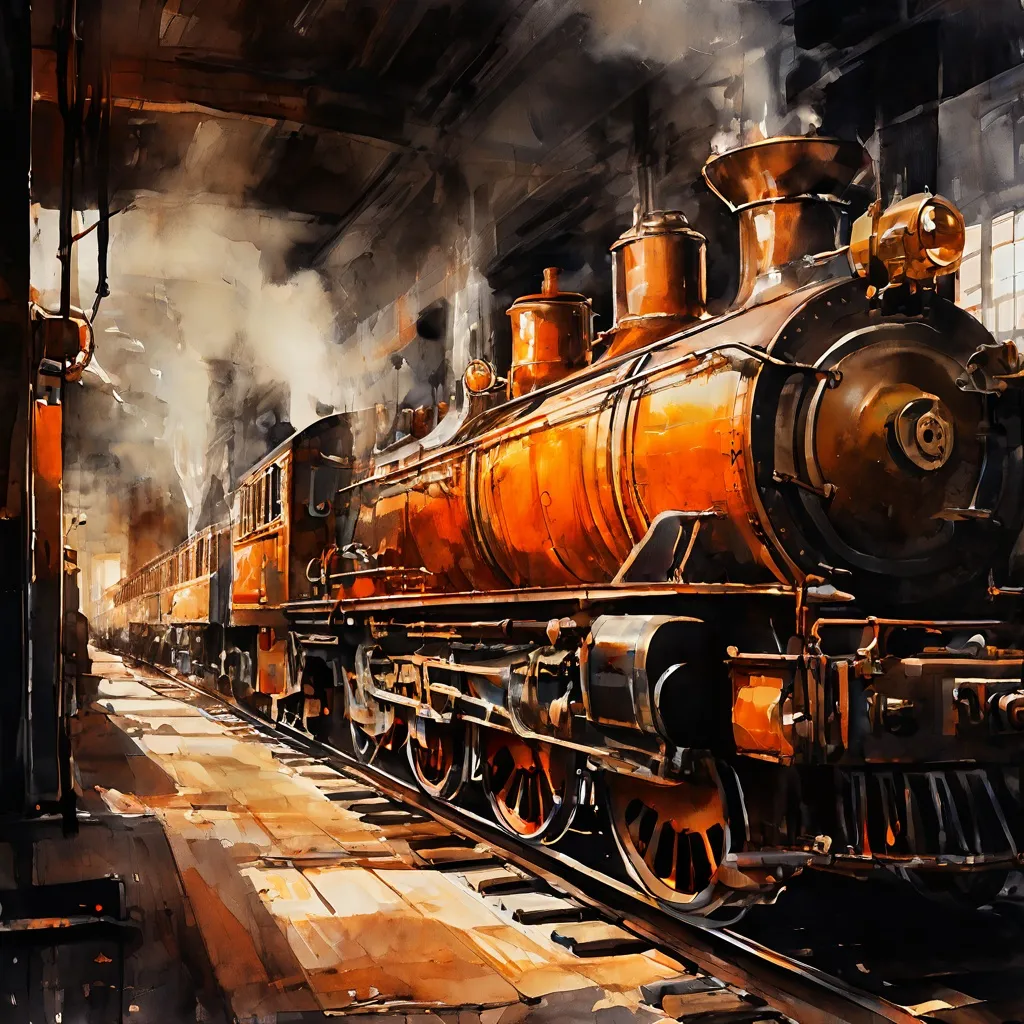 Una fotografía de estilo industrial que destaca la belleza mecánica de una histórica locomotora de vapor en el Didcot Railway Centre.