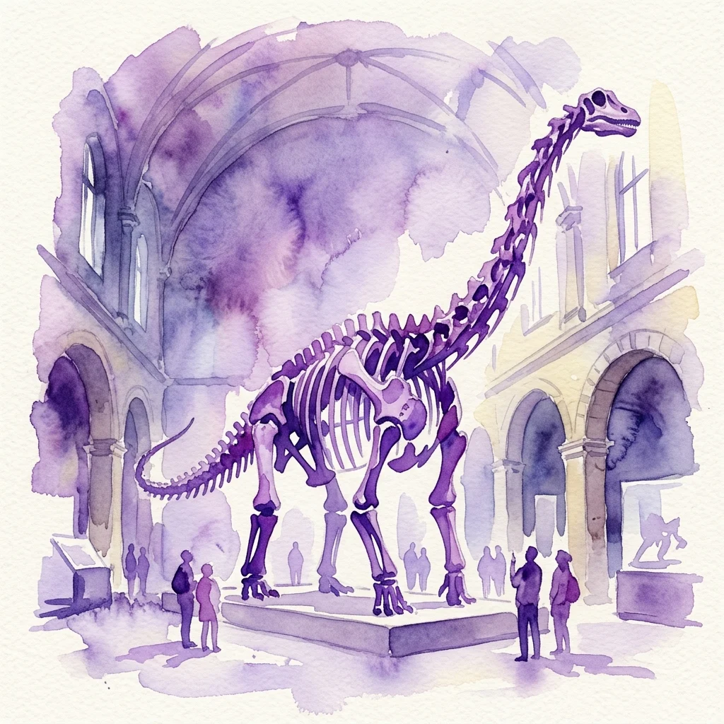 Ilustracja akwarelowa dużego szkieletu dinozaura, prawdopodobnie zauropoda, wystawionego w holu muzeum z obserwującymi go zwiedzającymi.
