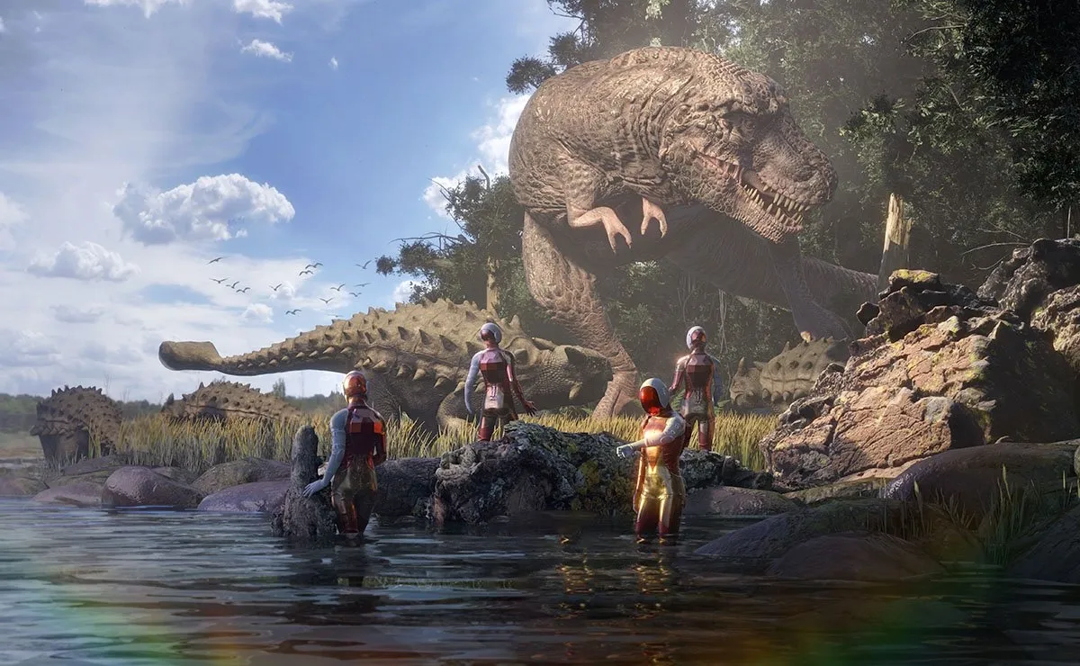 Model dinozaura wielkości naturalnej w prehistorycznej scenerii z odwiedzającymi w wodzie