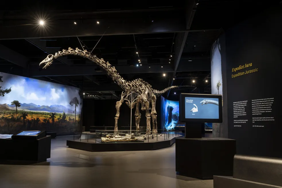 Wystawa szkieletu dinozaura w muzeum z ekspozycjami informacyjnymi i muralem przedstawiającym prehistoryczny krajobraz.