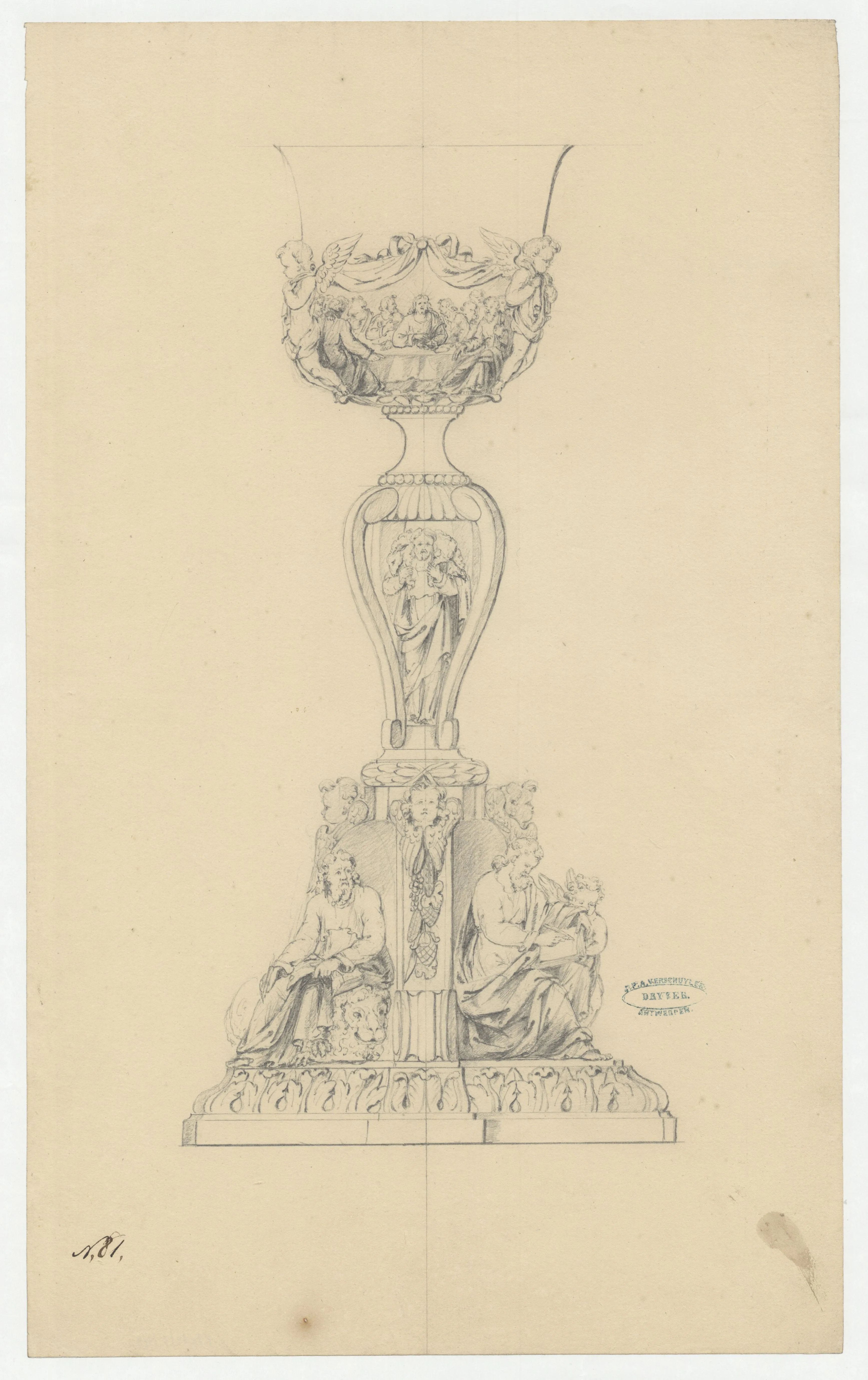 Dibujo a lápiz de un cáliz ornamentado con figuras esculpidas, guirnaldas decorativas alrededor de la copa y una base de pedestal con figuras alegóricas sentadas, por Jan Pieter Antoon Verschuylen