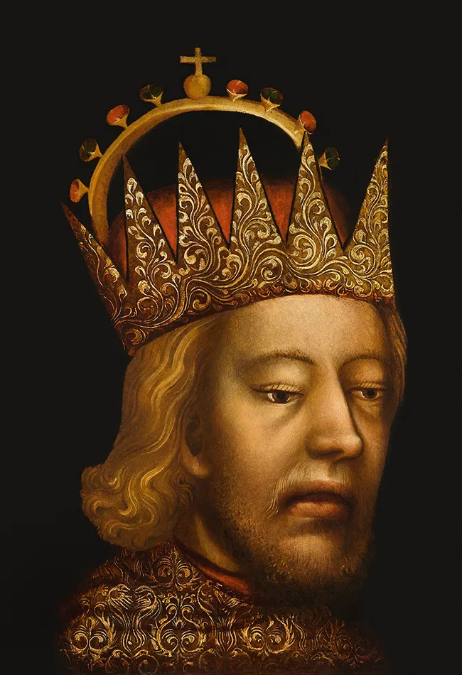 close-up van een middeleeuws schilderij van een gekroond figuur met sierlijke gouden details