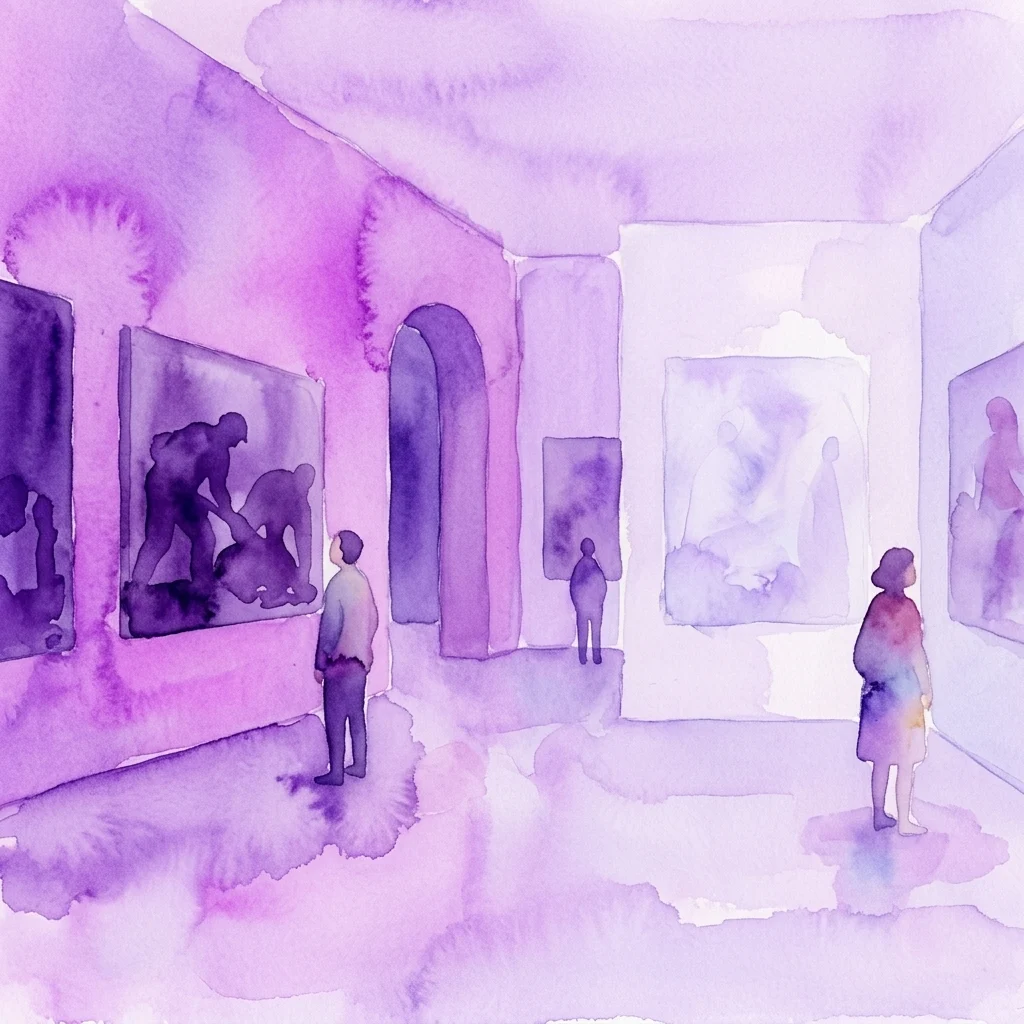 Waterverfillustratie van een museumgalerij met bezoekers die kunstwerken bekijken, weergegeven in een zacht paars en lavendel kleurenpalet.