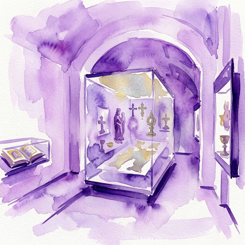 Een aquarelillustratie van een museumgalerij met paarse bogen, waarop religieuze artefacten worden tentoongesteld, waaronder sculpturen, kruisen en een verlicht manuscript in vitrines.