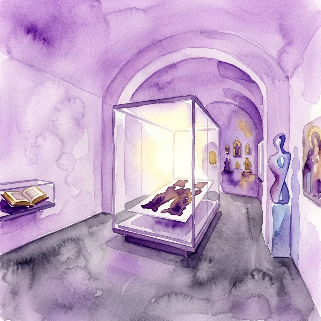 Een aquarelillustratie van een museumgalerij met paars getinte bogen, met religieuze artefacten en moderne sculpturen in glazen vitrines.