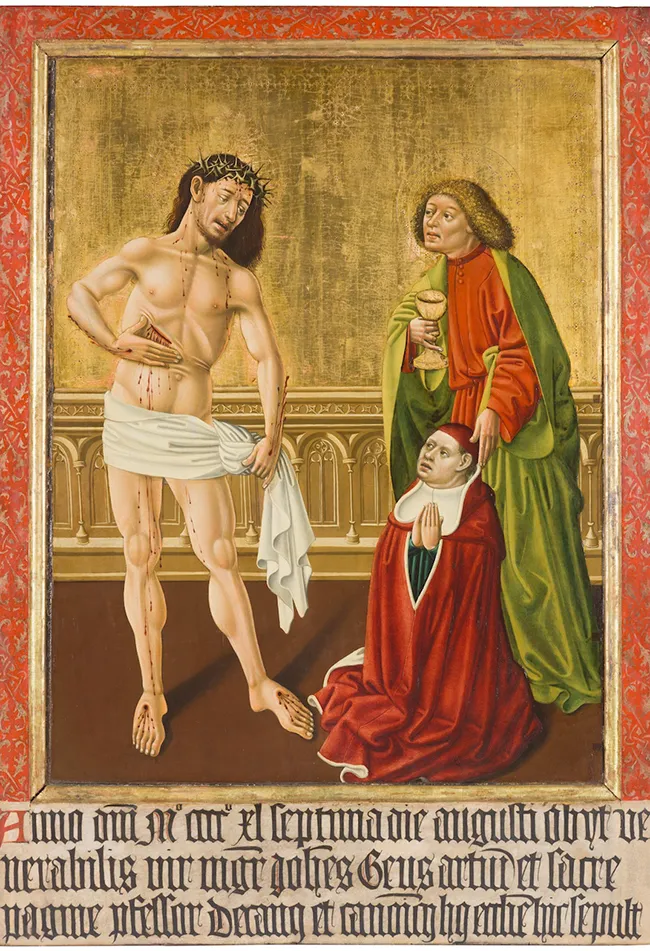 Middeleeuws schilderij van Christus met doornenkroon en twee figuren in rode en groene gewaden