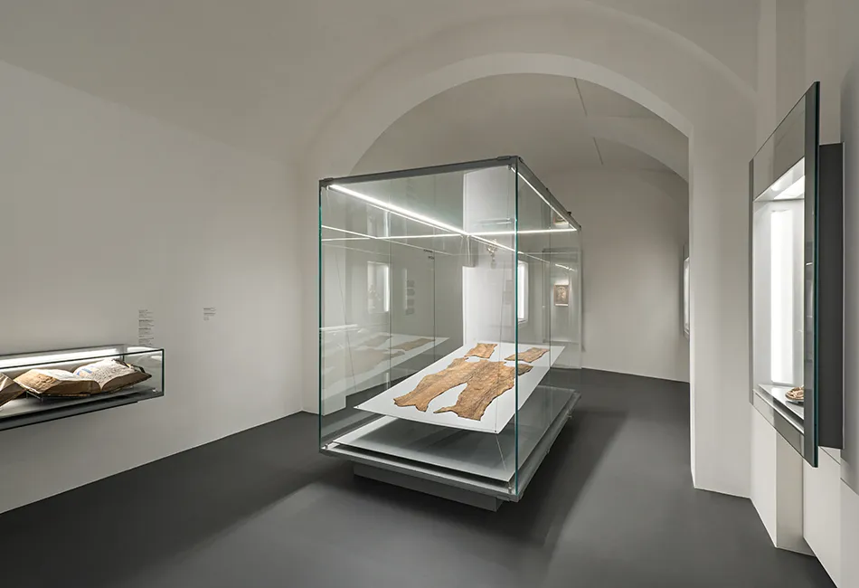 Glazen vitrine met een groot artefact erin, geplaatst in een museumgalerij met gewelfde plafonds en witte muren.