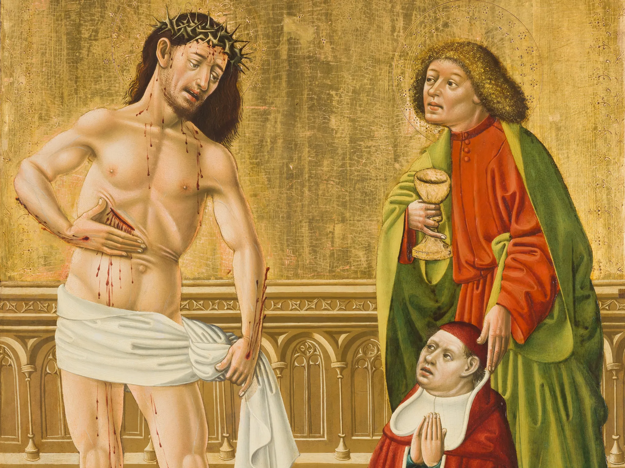Middeleeuws schilderij van Christus met doornenkroon en wonden, een figuur met een kelk, en een knielende figuur in het rood