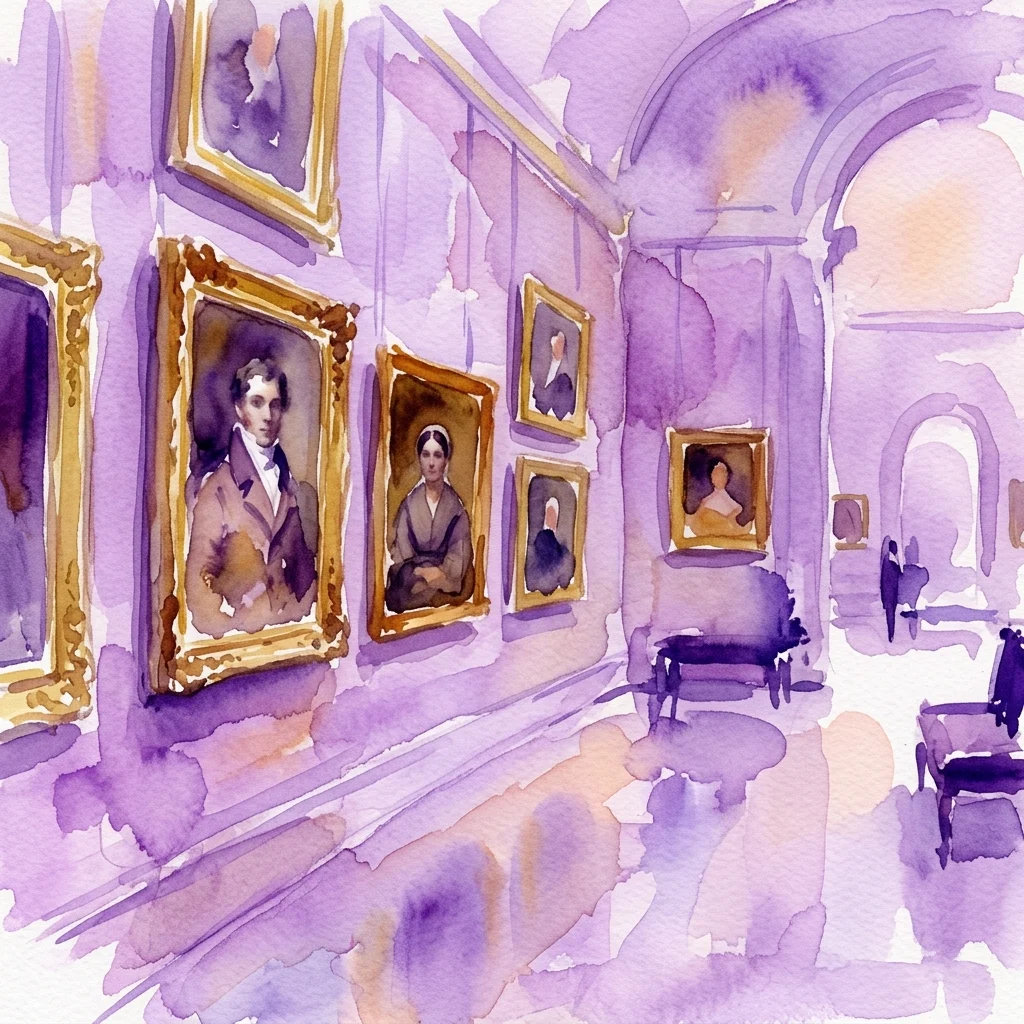 Artistic watercolor rendering of a museum gallery displaying 19th-century portraits in gold frames for the Face to Face exhibition at Domquartier.