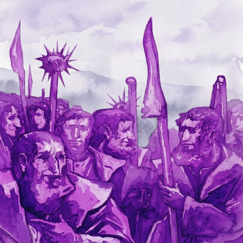 Een paarse aquarelillustratie van een groep gewapende boeren met speren en strijdknotsen, die de Duitse Boerenoorlog verbeeldt.