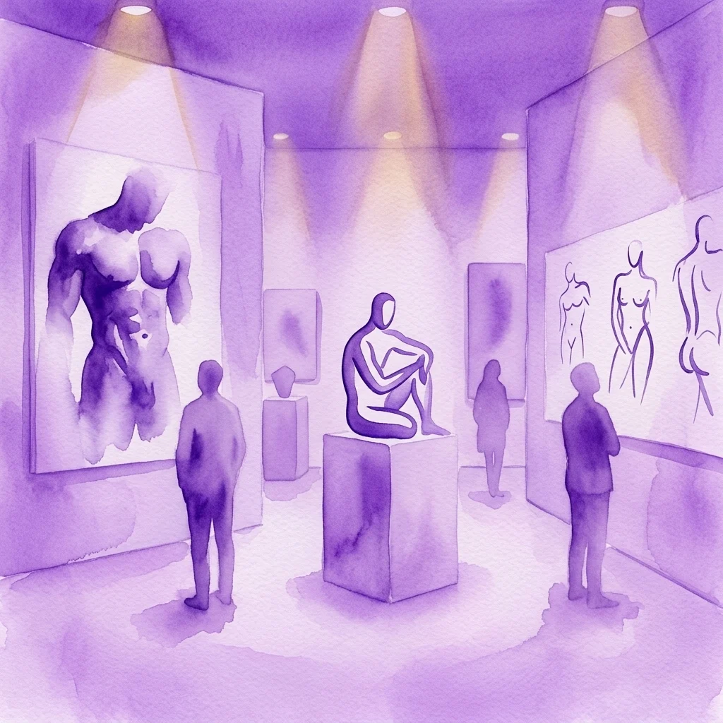 Una ilustración en acuarela de la exposición ANDROS, que presenta obras de arte abstractas y figurativas del cuerpo masculino en una galería minimalista con iluminación púrpura y visitantes observando las piezas.