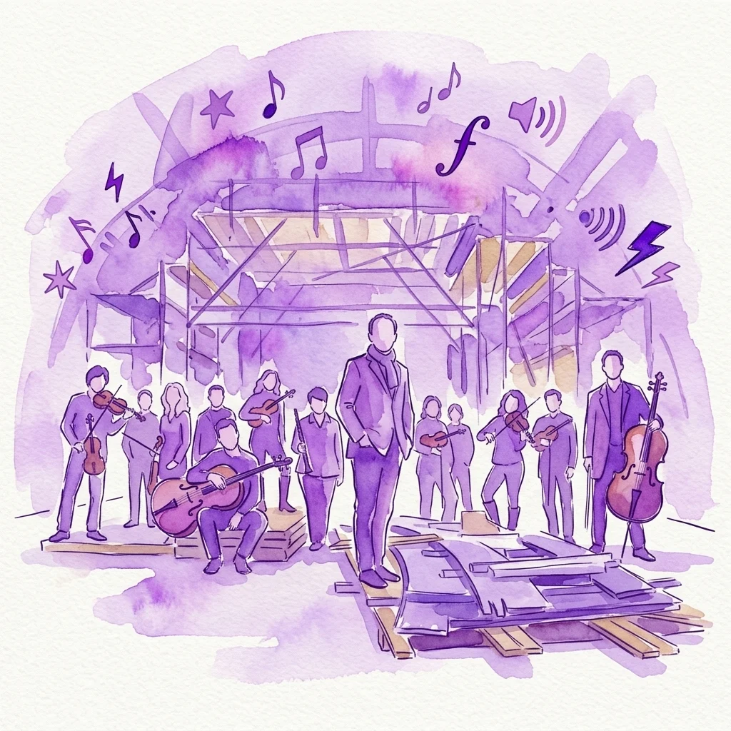 Watercolor illustration of the BERG Orchestra performing on a stage with abstract musical elements, promoting the Czech premiere of Aurélien Dumont's 'WhatsPop' concert.