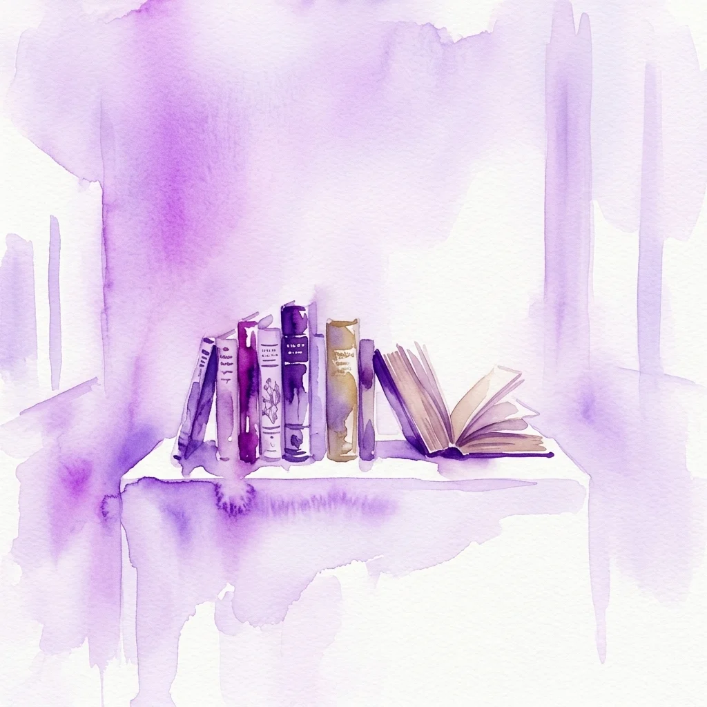 Ilustración en acuarela de libros vintage con tipografía intrincada e ilustraciones sobre un estante blanco, sobre un suave fondo morado, evocando la preservación histórica y el diseño de impresión.