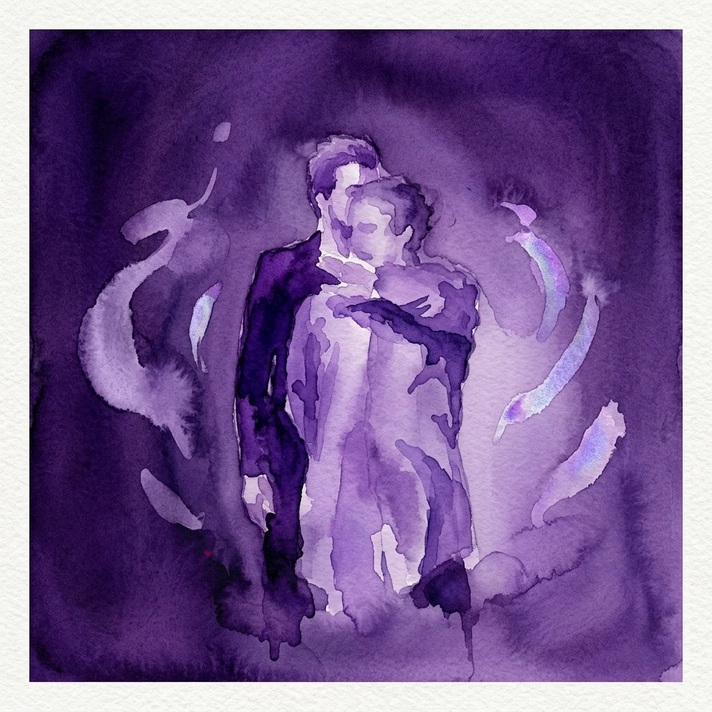 Een aquarel in paarse tinten die twee omhelzende figuren voorstelt, met abstracte wervelingen die beweging en geluid suggereren, ter representatie van de tentoonstelling 'Disappearing Man' van danser Andrej Štěpita en muzikant Štěpán Janoušek.
