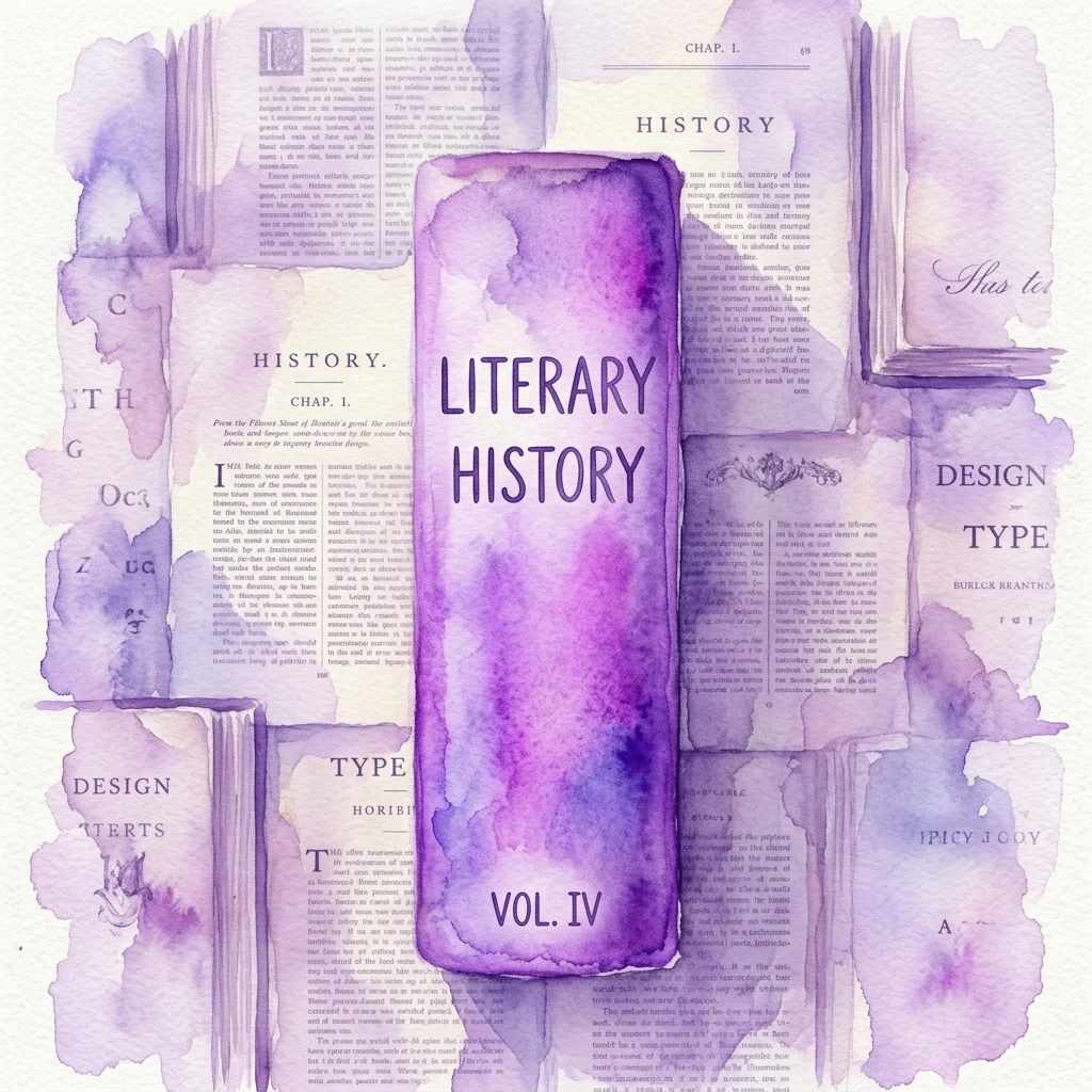 Een close-up van een boekenrug getiteld 'LITERARY HISTORY VOL. IV' met minimalistische typografie, geplaatst tegen een achtergrond van historische boekpagina's en paarse aquarel-effecten, met de nadruk op typografisch ontwerp en literaire geschiedenis.