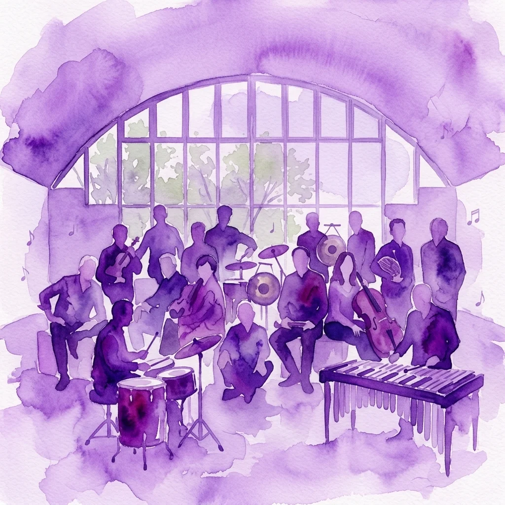 Waterverfillustratie van Ensemble Modern dat hedendaagse klassieke muziek uitvoert met percussie-instrumenten in een minimalistische concertzaal, als onderdeel van het Praags Lente festival 2026.