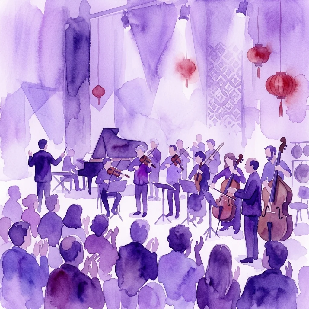 Ilustración en acuarela del Ensemble Modern interpretando música clásica contemporánea en una sala de conciertos con farolillos rojos e iluminación púrpura, inspirada en los mercados y teatros de Asia Oriental.